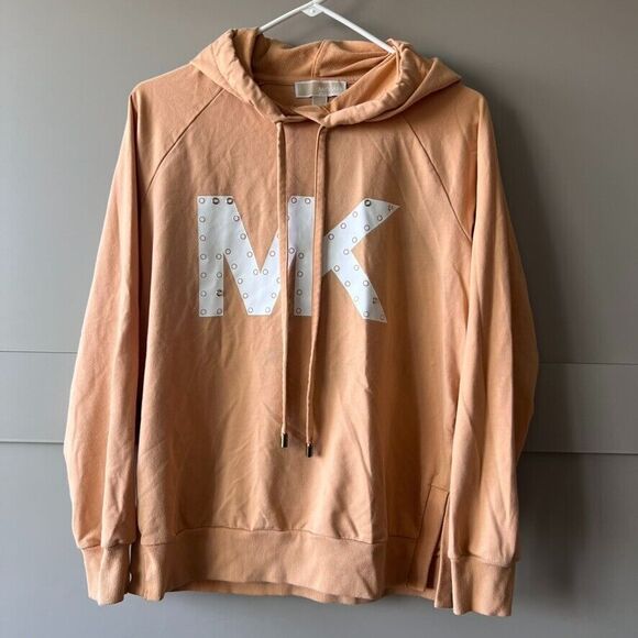 Michael Kors Women's Hoodie M ORANGE Gold Studs MK Logo Sweatshirt Pullover - Picture 1 of 14